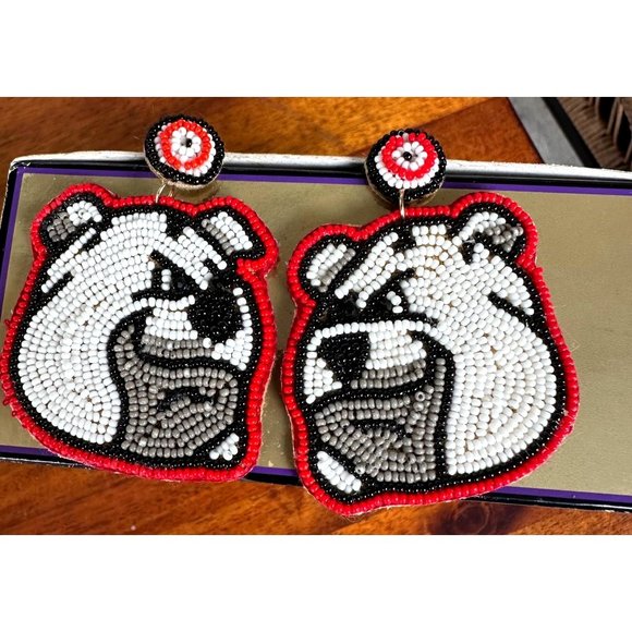 Bulldog Earrings UGA Dawgs University of Georgia Beaded Dangle Post New … - Picture 2 of 12